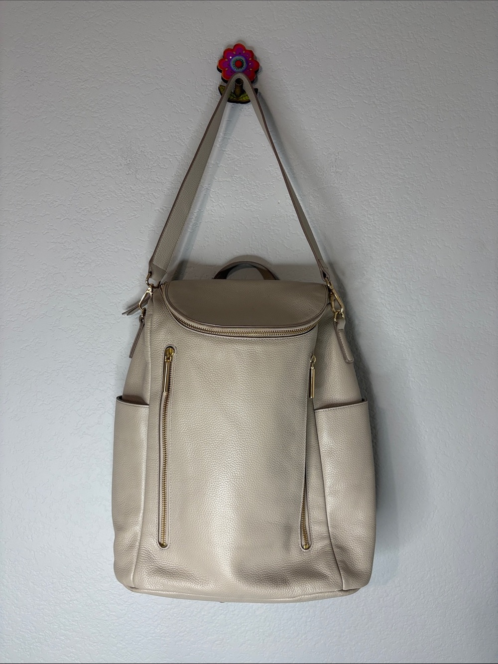 Nordstrom Backpack Shoulder Bag Beige Leather Gold